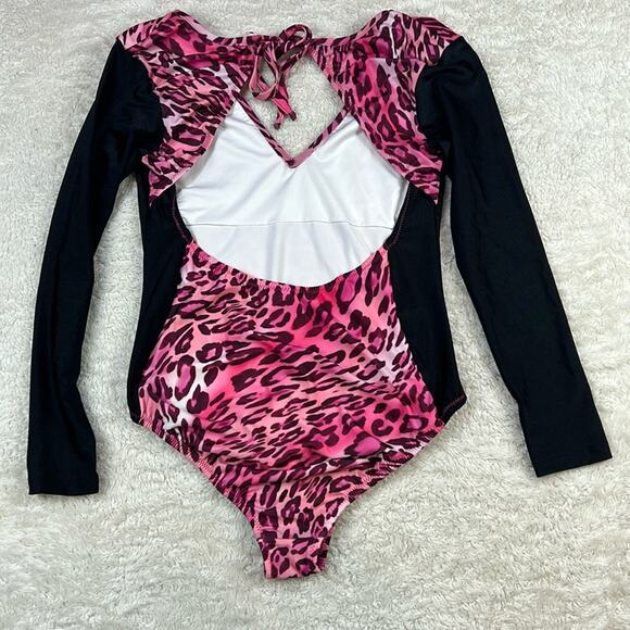 Y Customs Swimsuit long sleeved pink leopard one piece suit, size large - Picture 2 of 11